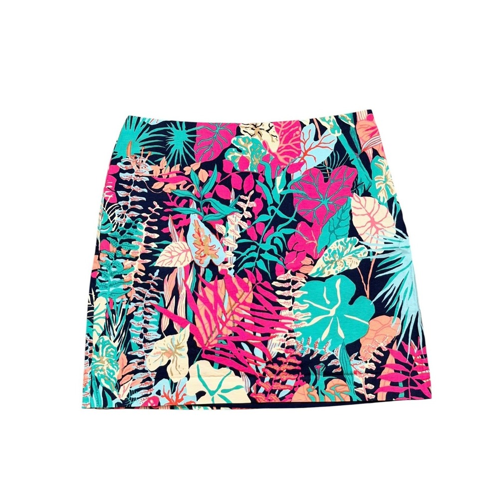 Talbots Petites Tropical Floral Mini Skirt Navy Pink Cotton Stretch Women's 12P